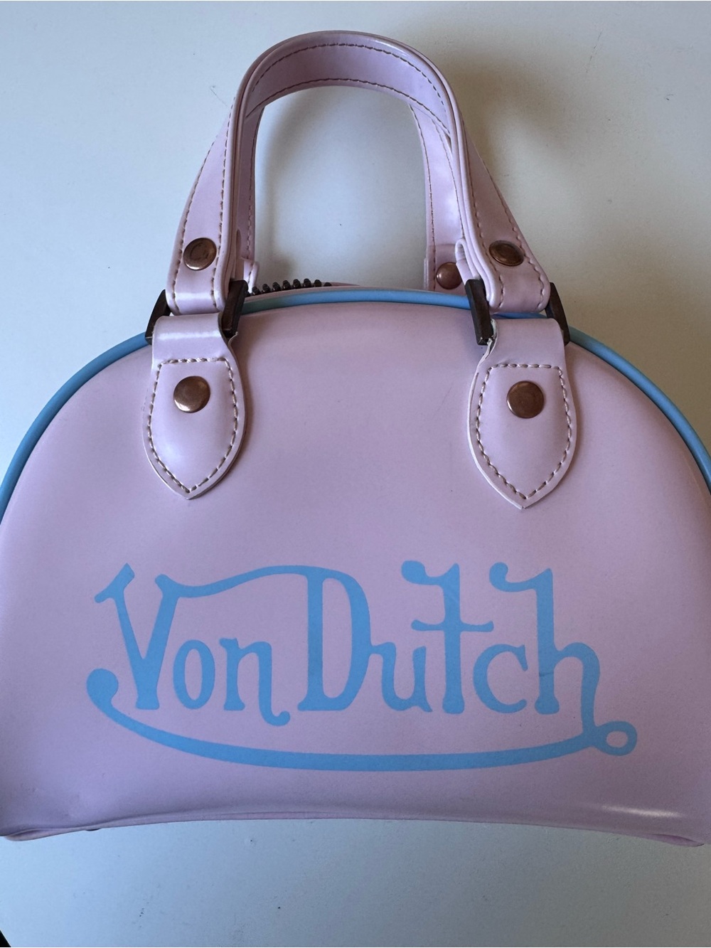 Von Dutch Pastel Pink Mini Dome Bag with Light Blue Logo